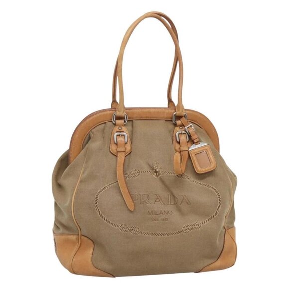 PRADA Tote Bag Canvas Beige Silver - Picture 1 of 14
